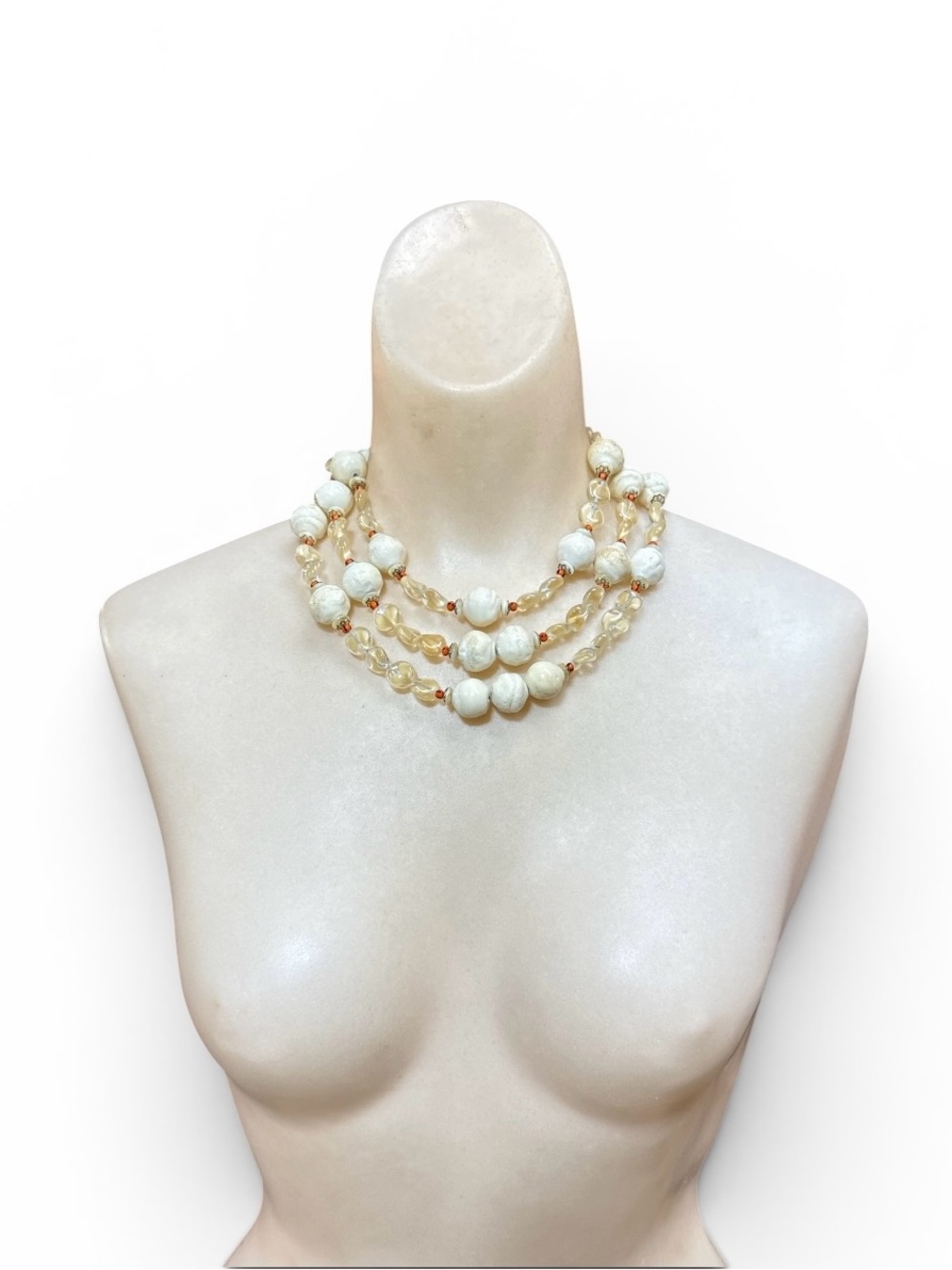 Vintage 1950s Signed Hobe Triple Strand Lucite & Glass Bead Statement Necklace